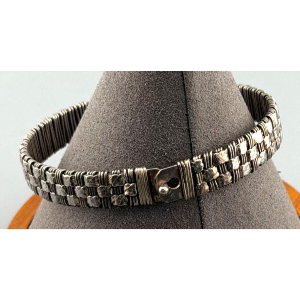 Vintage Modernist Sterling Silver Wire Wrap Weave Key Hole Lock Closure Bracelet